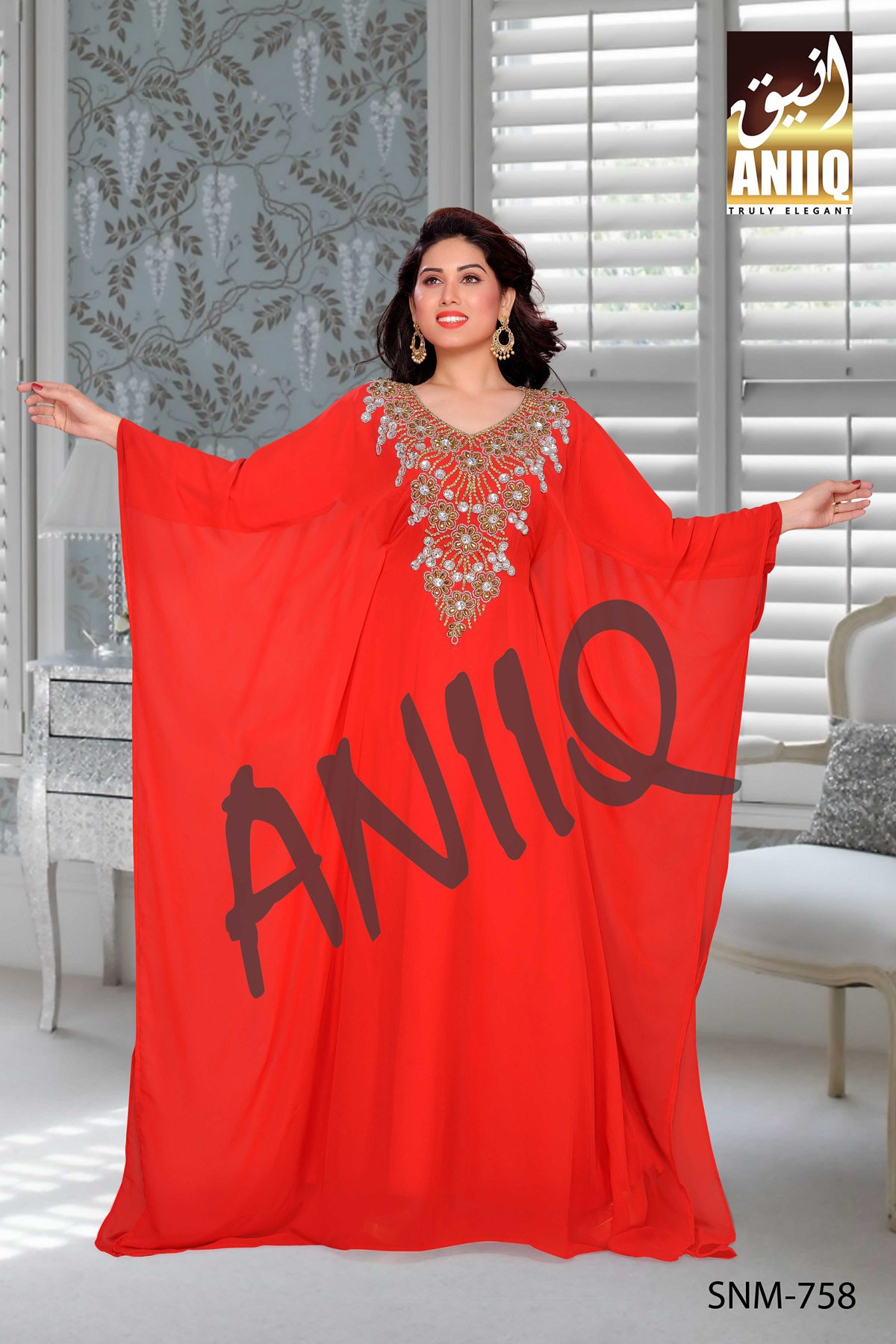 Red  Embroidered  Faux Georgette  Farasha