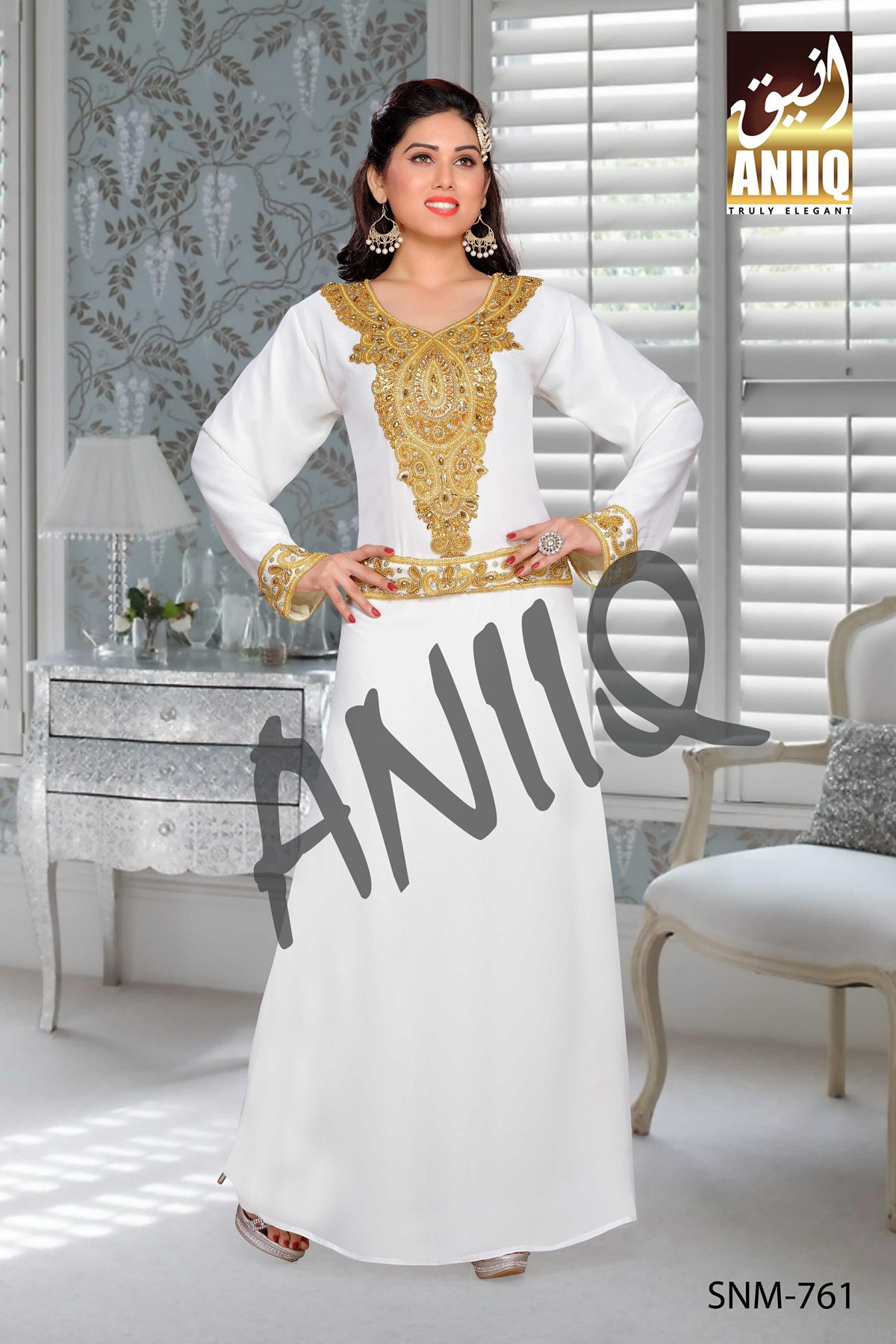 Off White   Embroidered   Faux Georgette   Kaftan