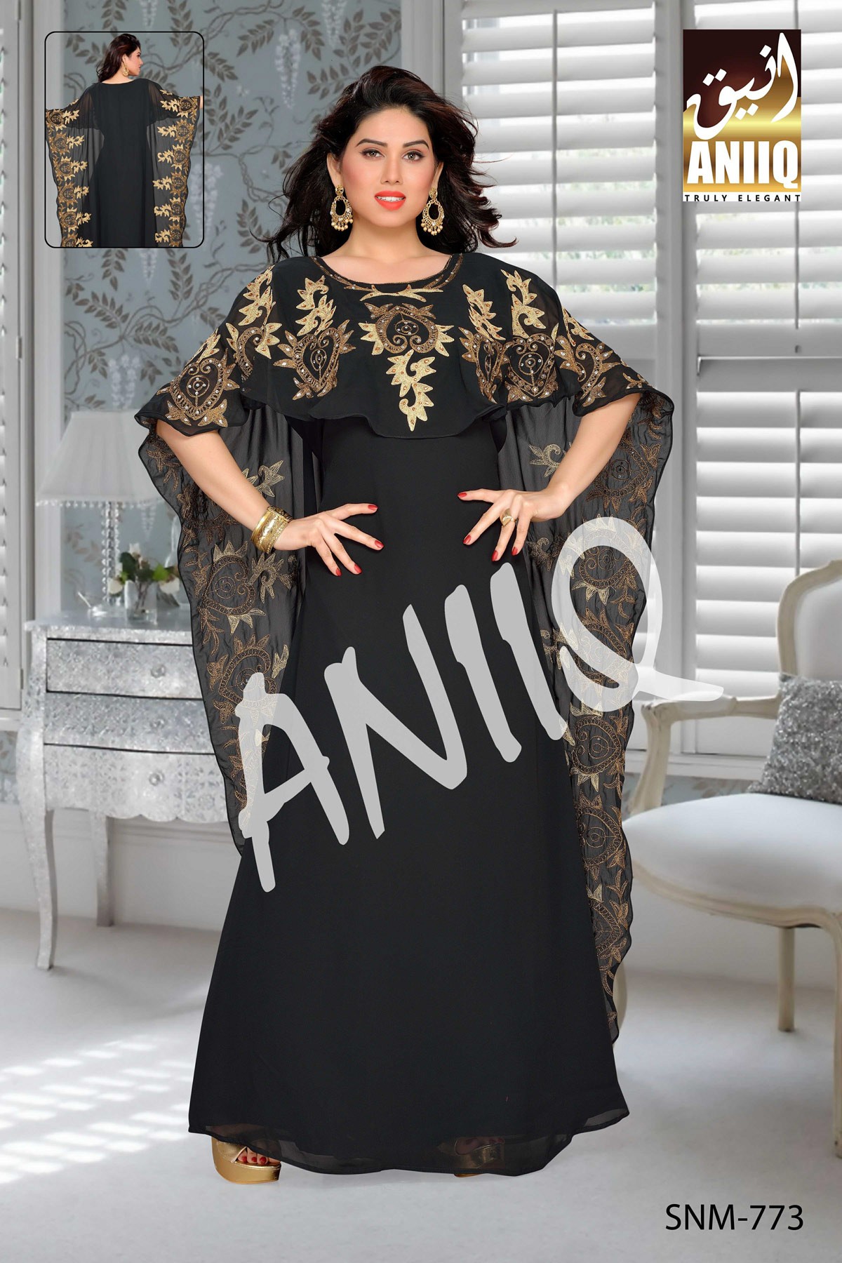 Black   Embroidered   Faux Georgette   Farasha