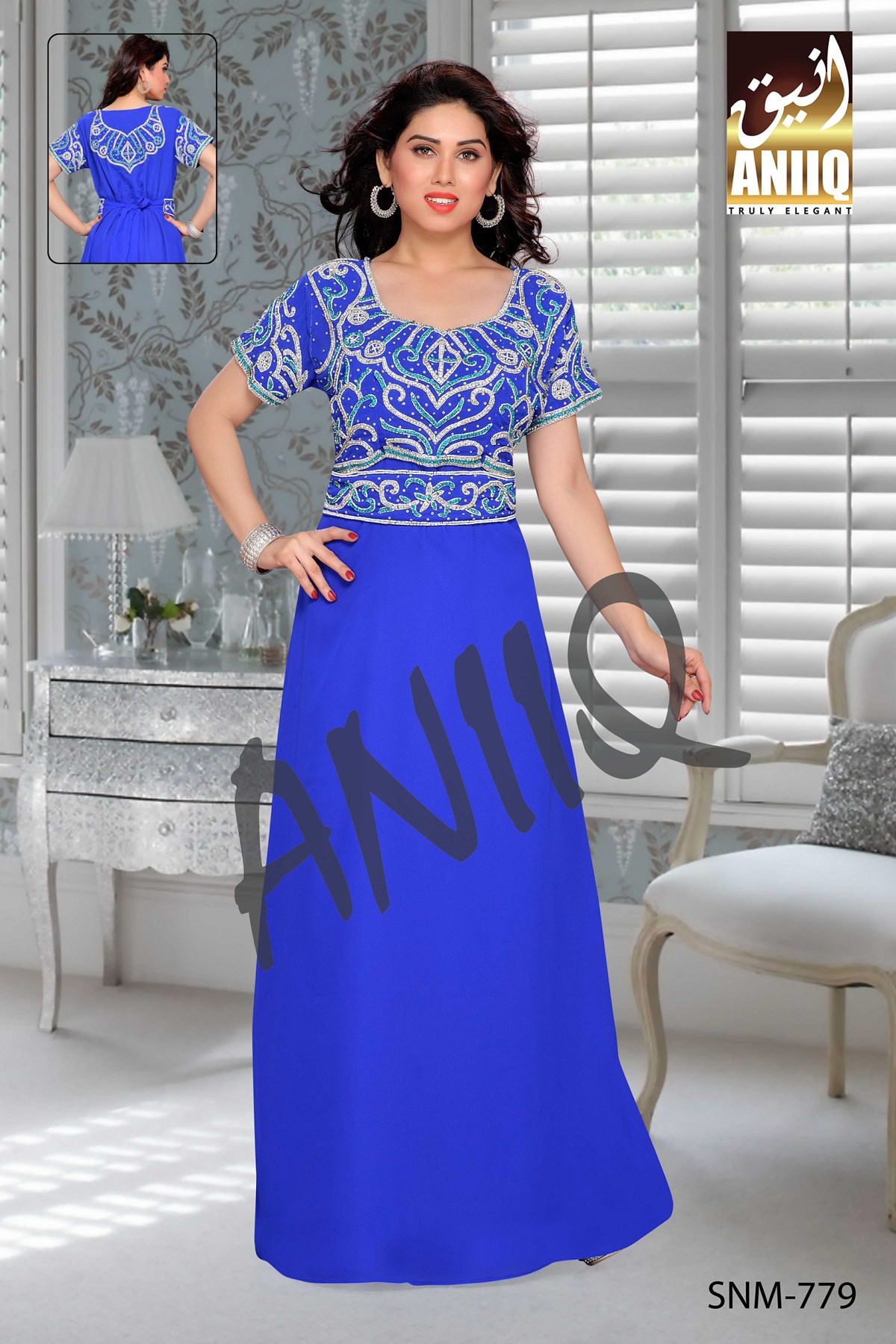 Royal Blue   Embroidered   Faux Georgette   Kaftan