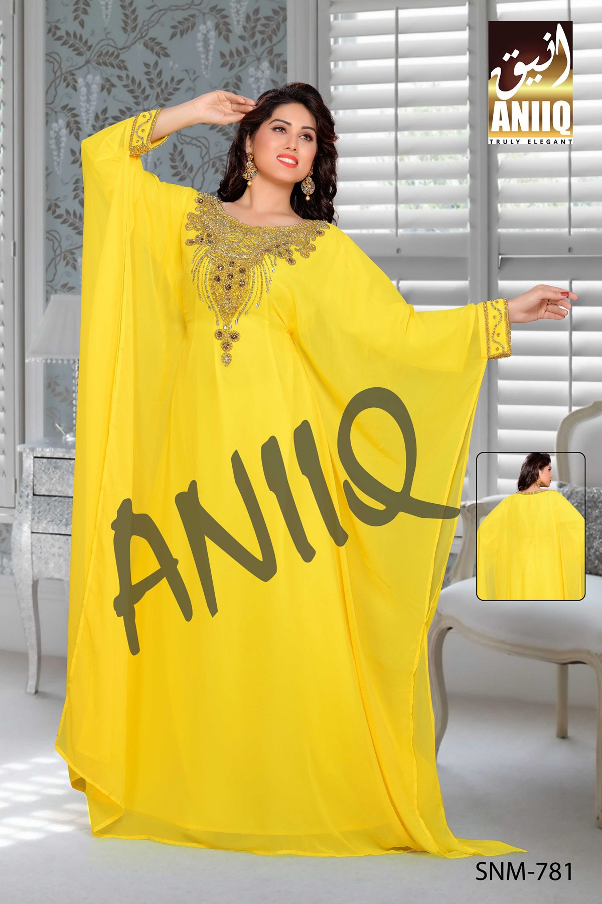 Yellow  Embroidered  Faux Georgette  Farasha