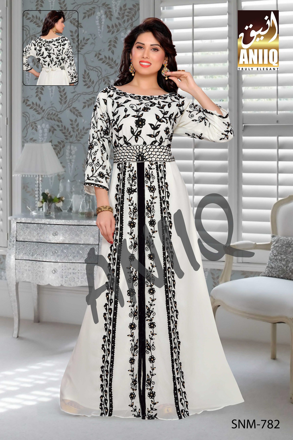 Off White  Embroidered  Faux Georgette  Kaftan