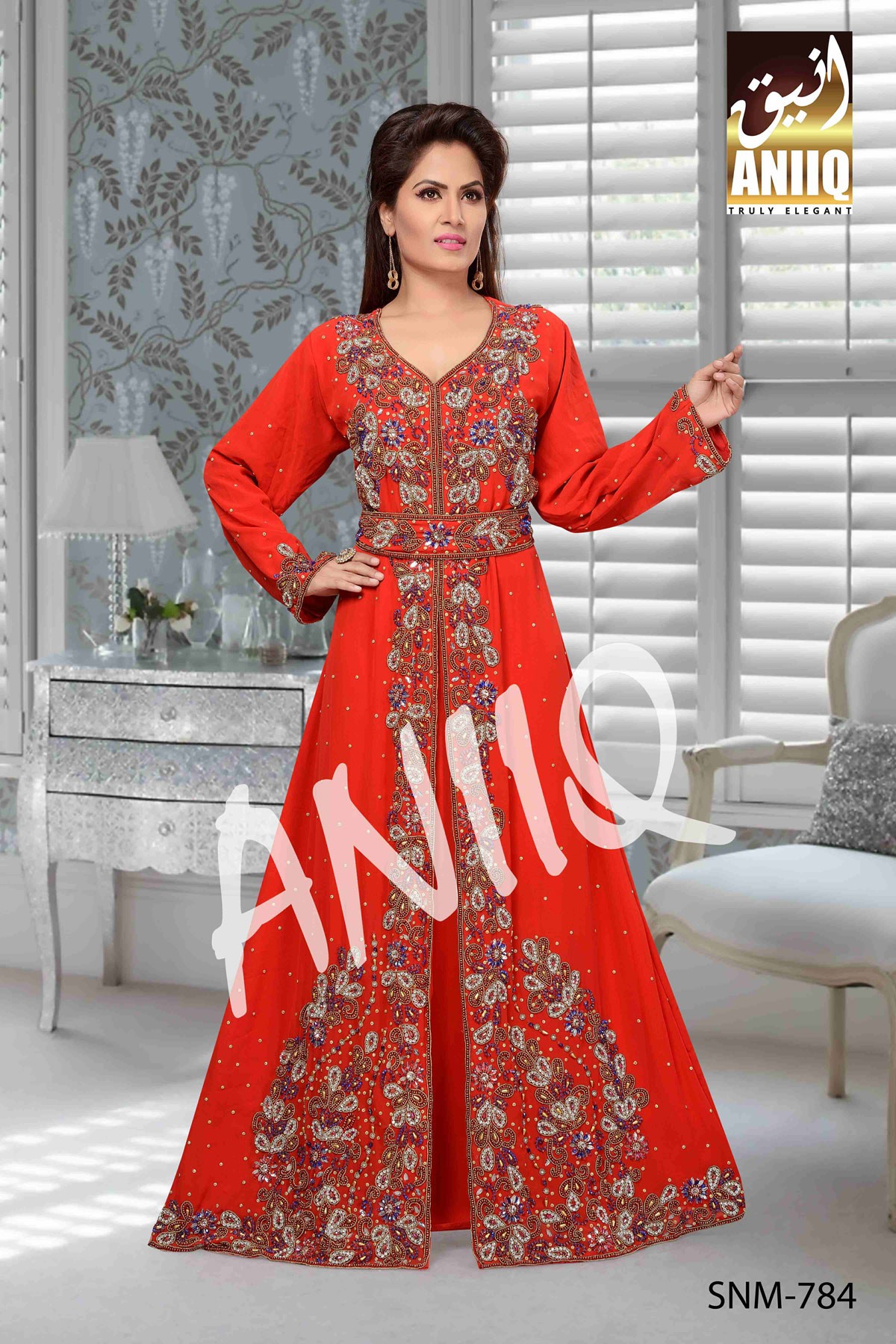 Red  Embroidered  Faux Georgette  Kaftan