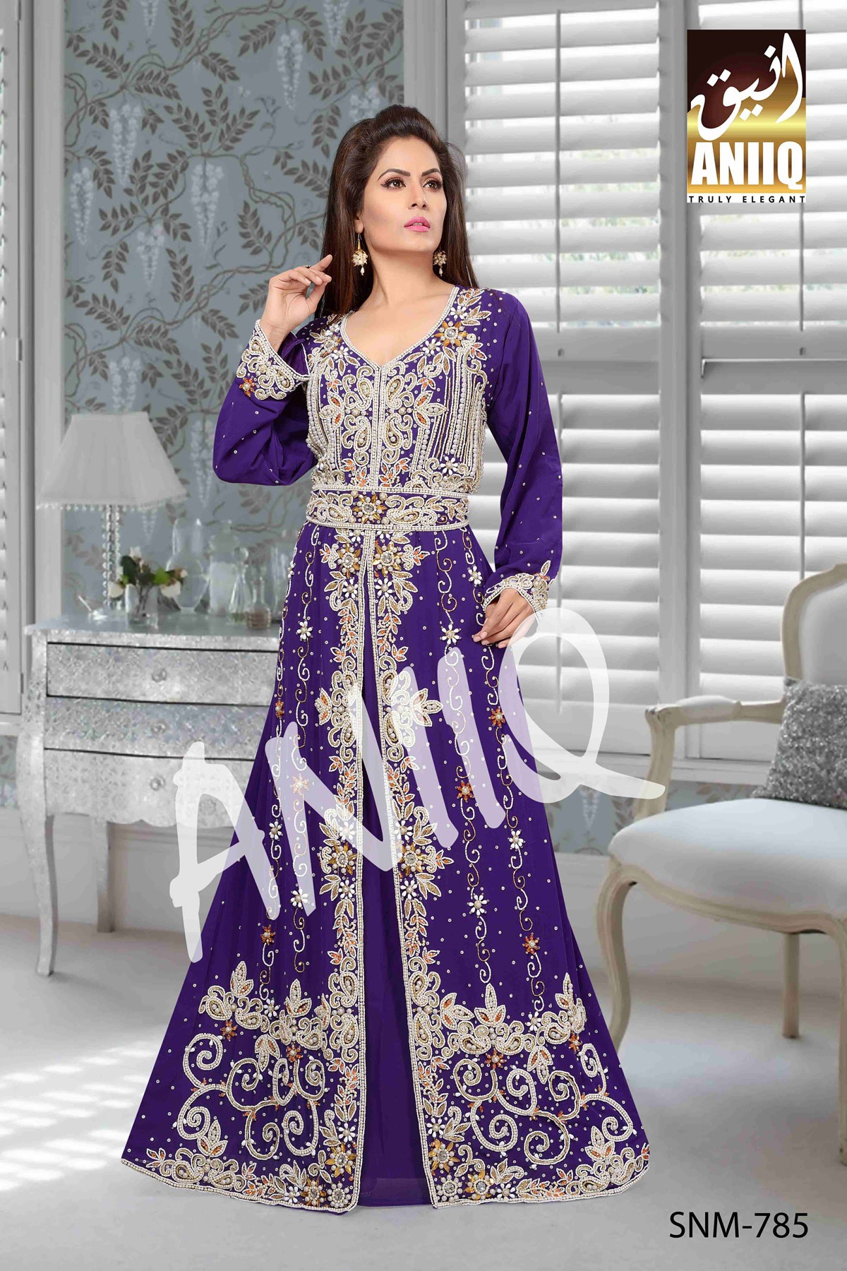 Purple  Embroidered  Faux Georgette  Kaftan