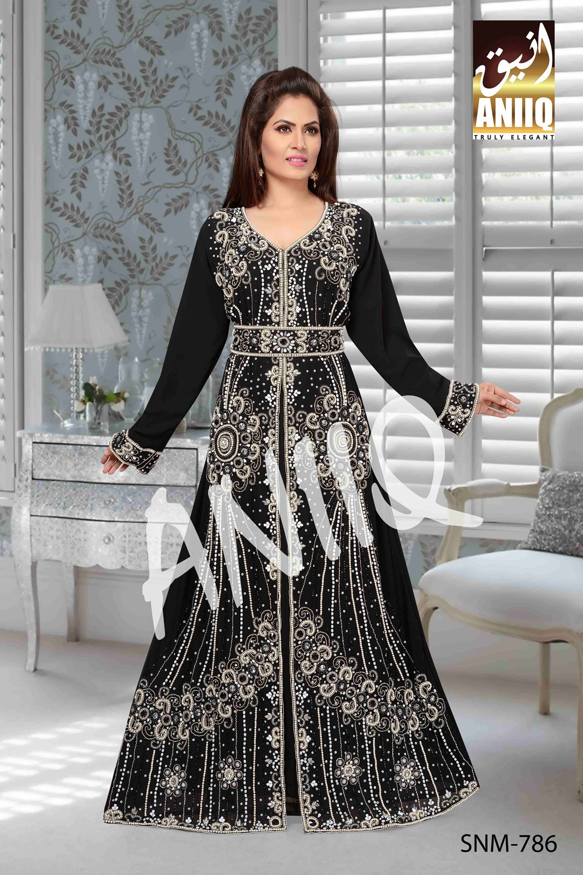 Black  Embroidered  Faux Georgette  Kaftan