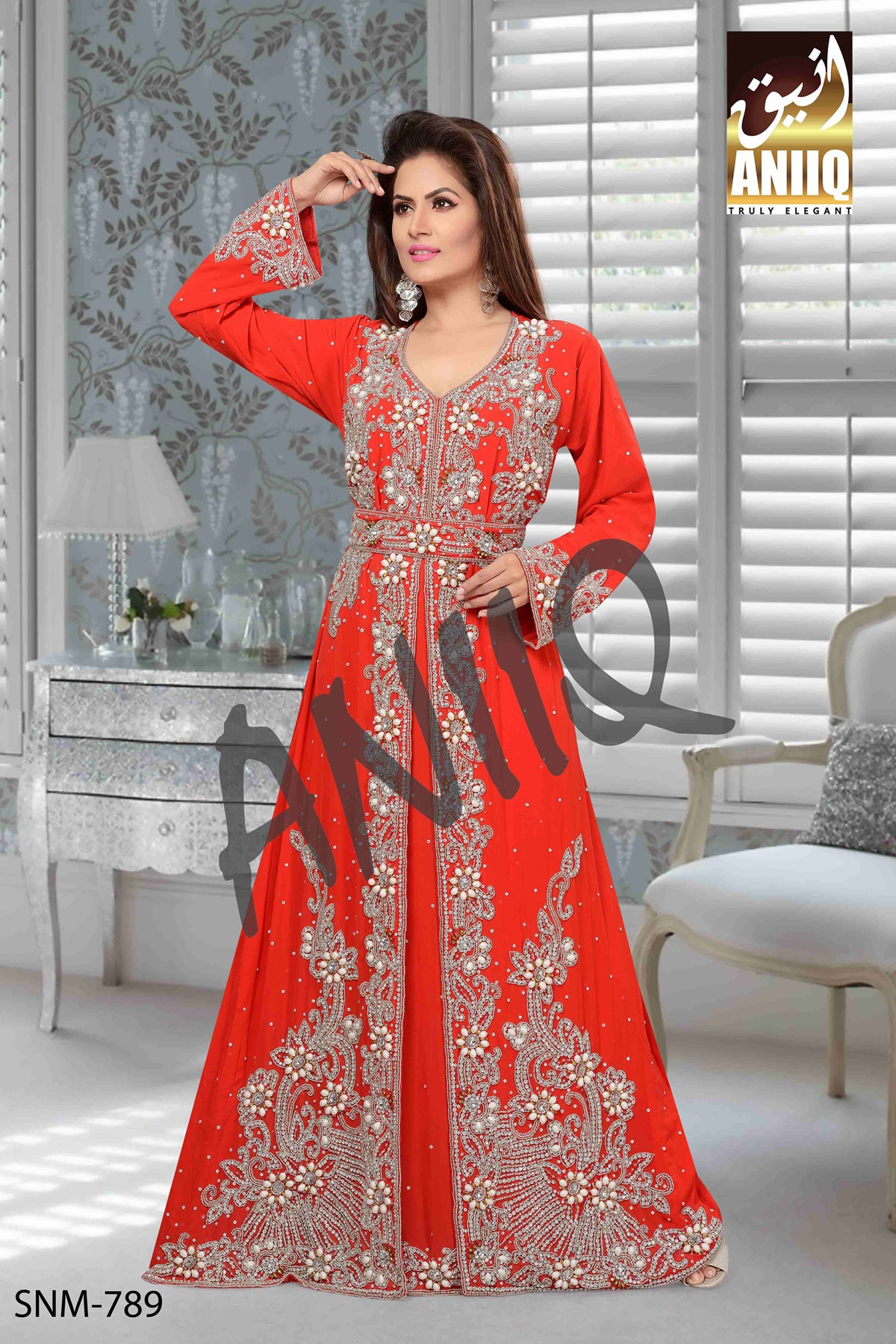 Red   Embroidered   Faux Georgette   Kaftan