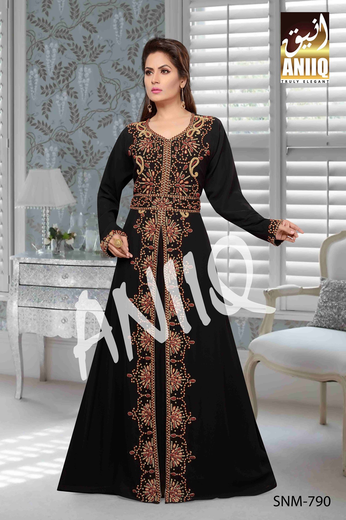 Black   Embroidered   Faux Georgette   Kaftan