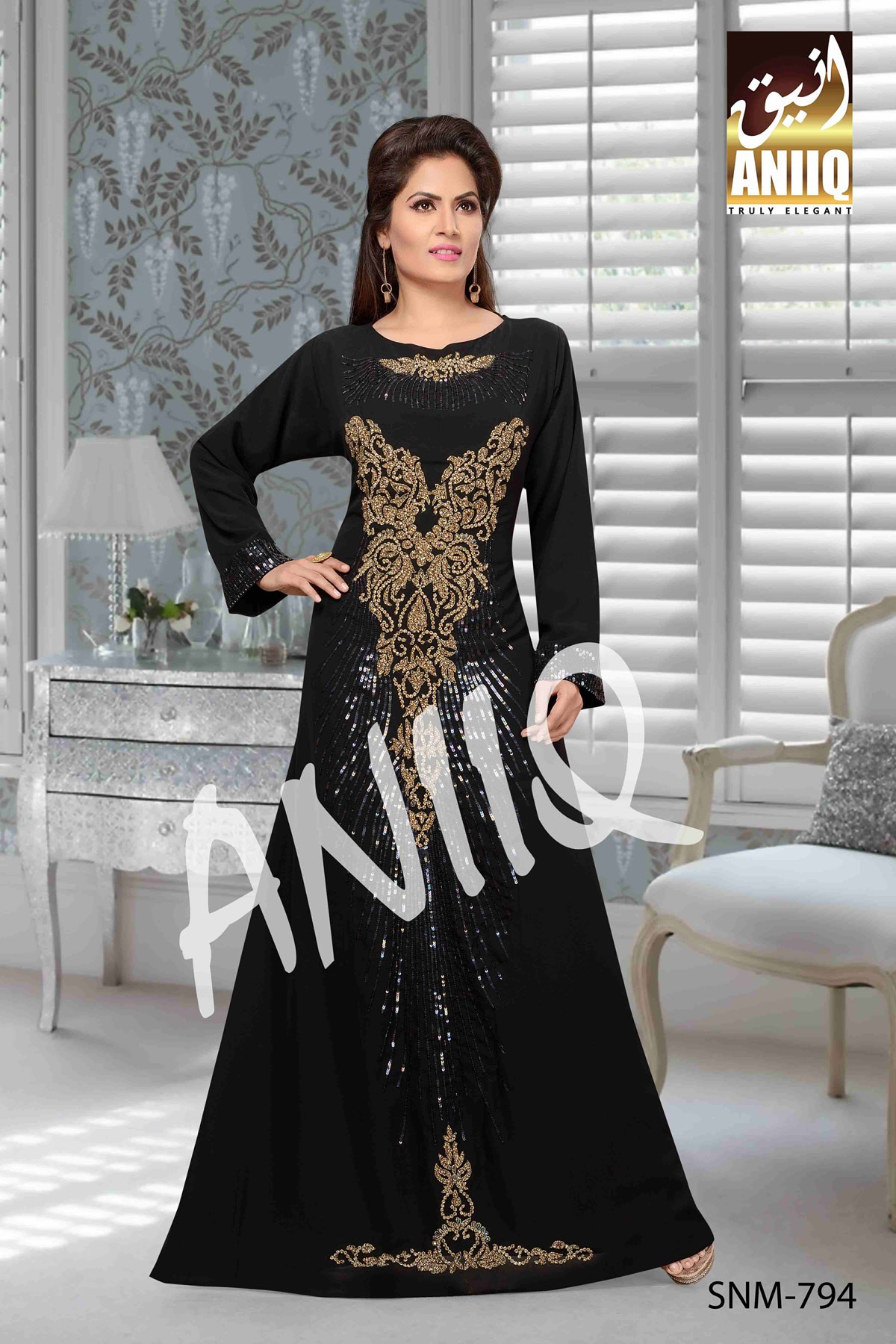 Black   Embroidered   Faux Georgette   Kaftan