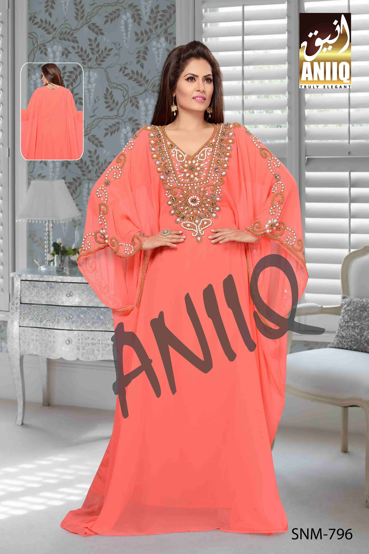 Light Coral   Embroidered   Faux Georgette   Kaftan