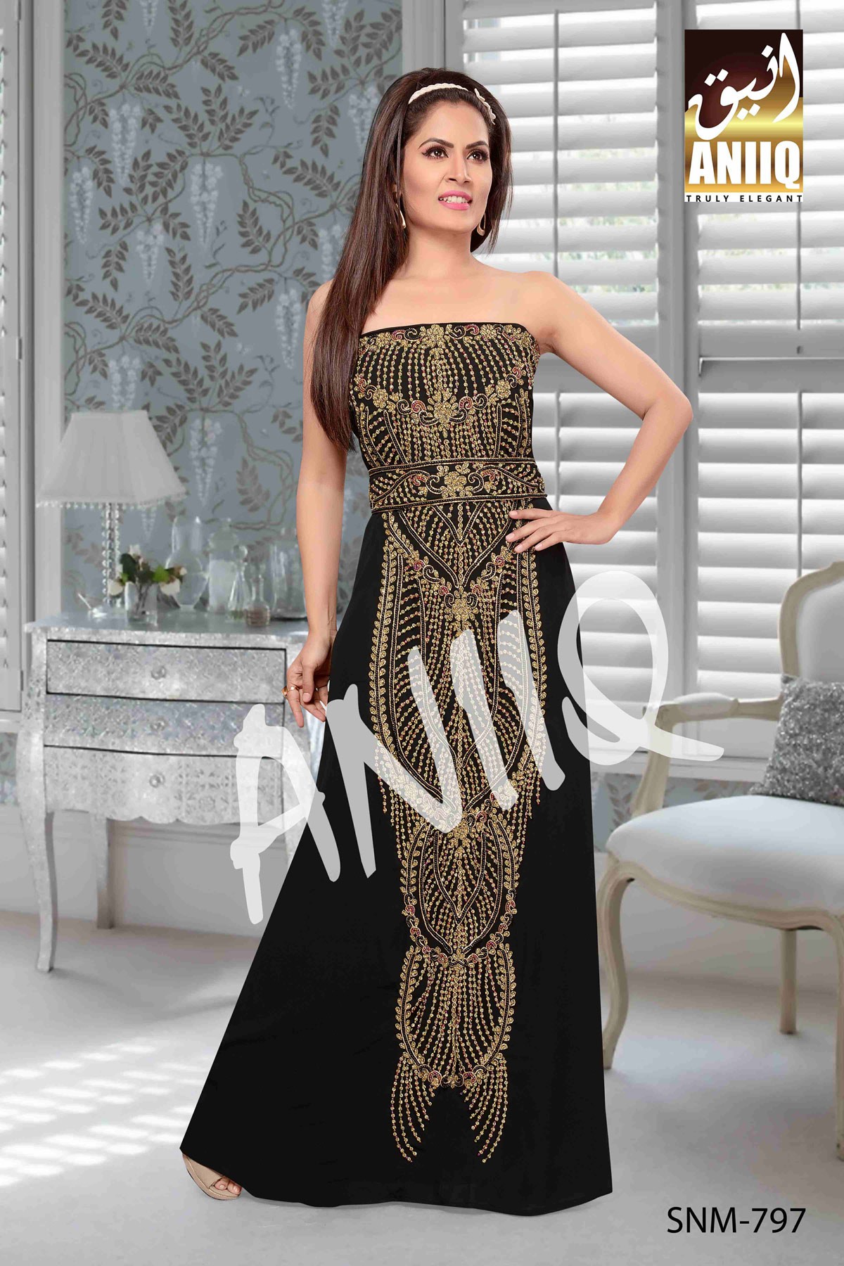 Black   Embroidered   Faux Georgette   Fustan