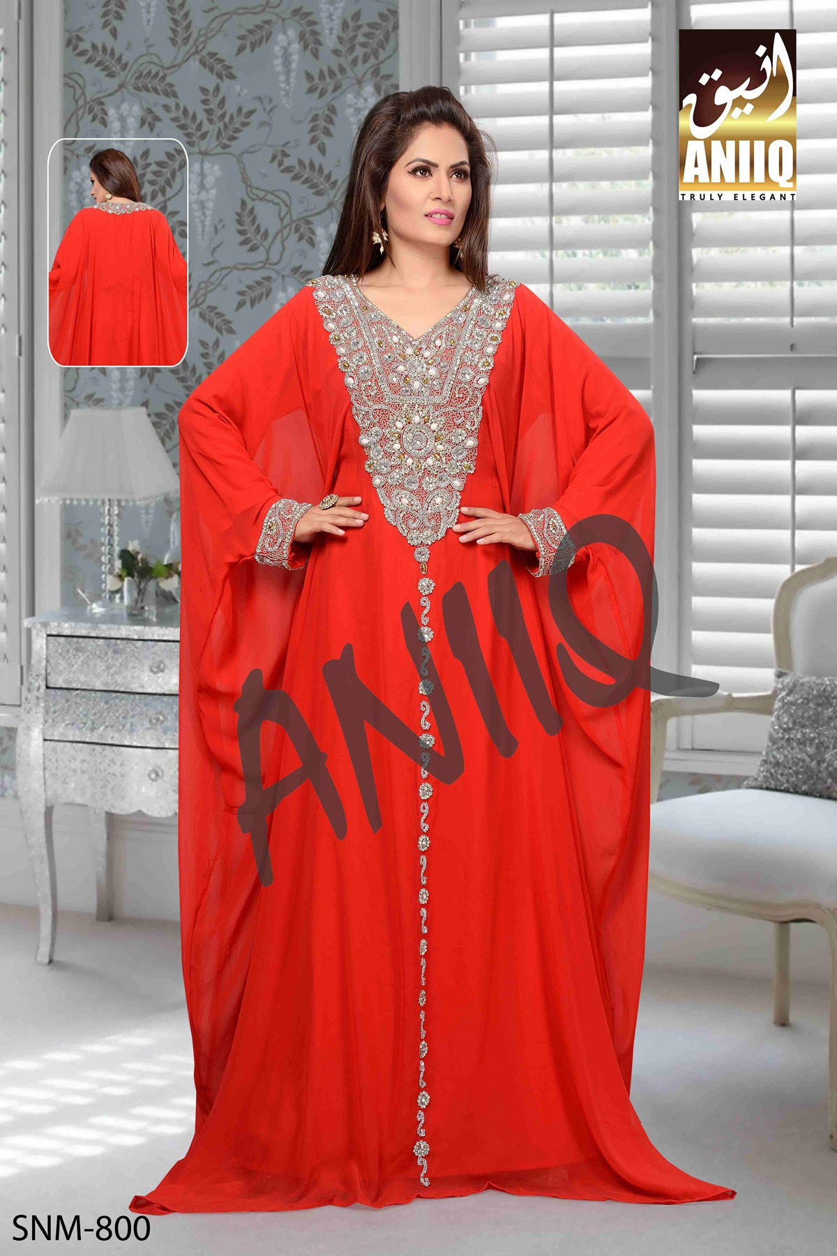 Red  Embroidered  Faux Georgette  Farasha