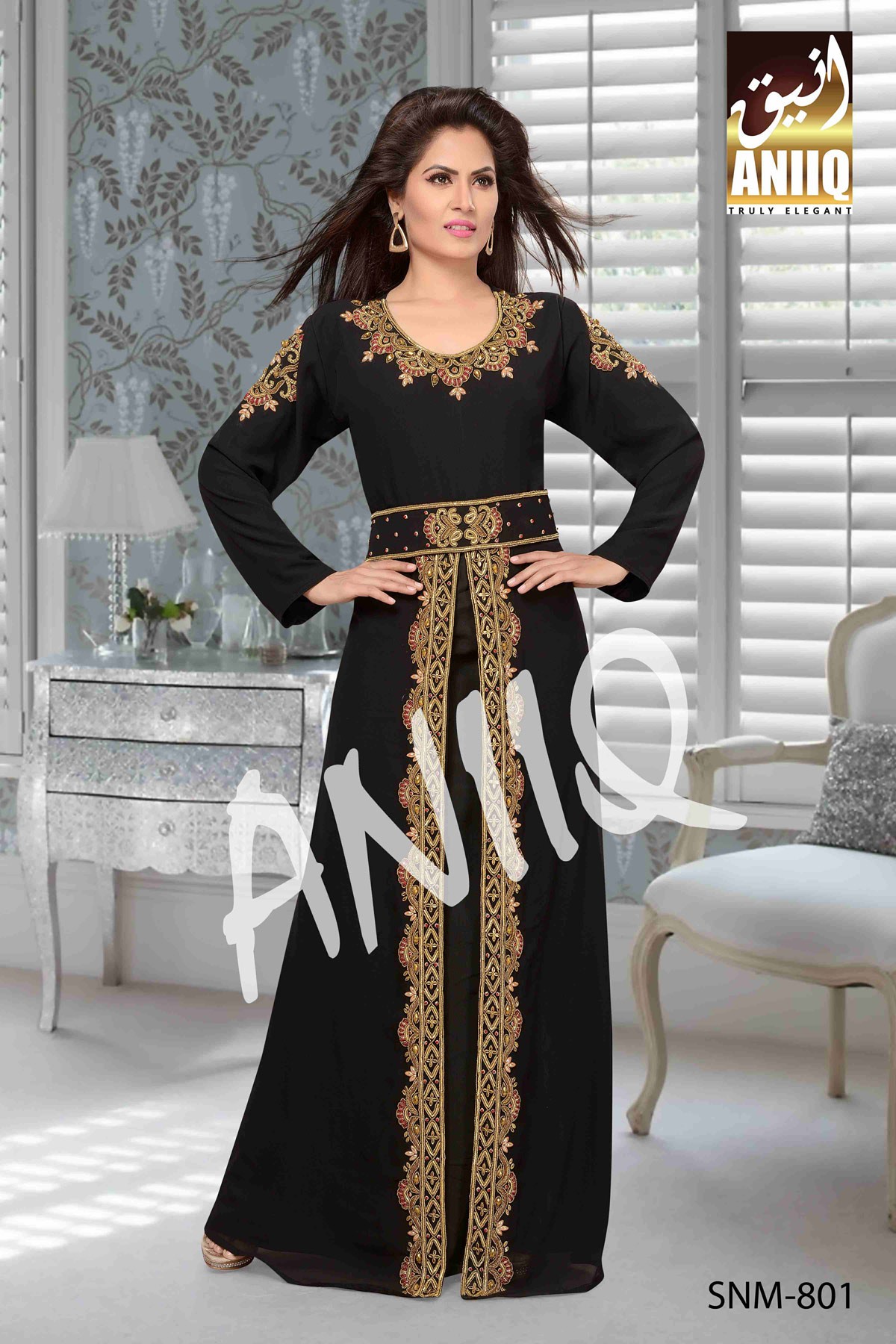 Black  Embroidered  Faux Georgette  Kaftan