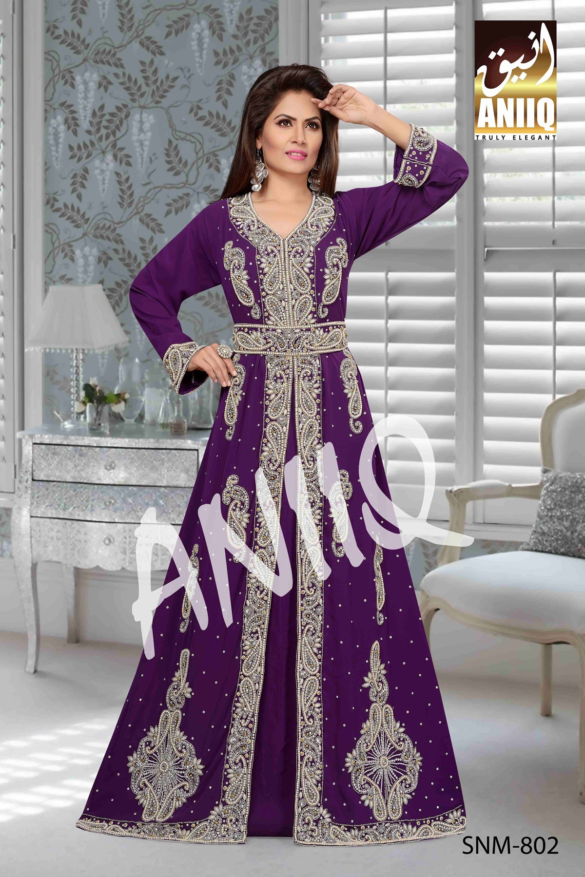 Purple  Embroidered  Faux Georgette  Kaftan