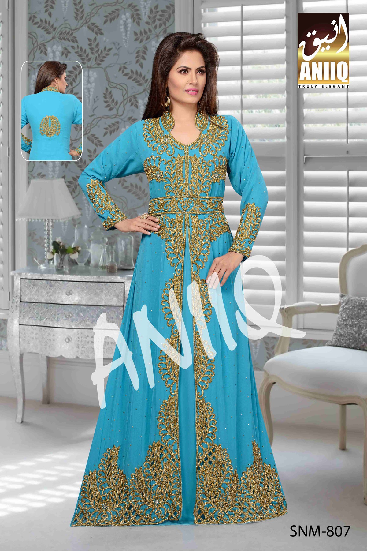 Blue  Embroidered  Faux Georgette  Kaftan