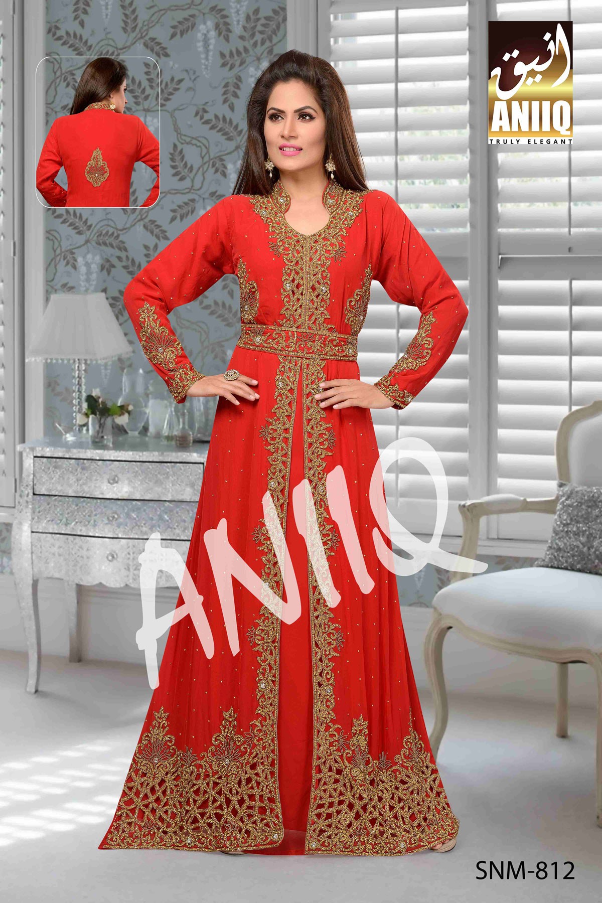 Red  Embroidered  Faux Georgette  Kaftan