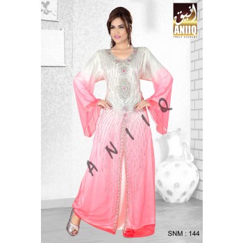 Off White And Pink   Embroidered   Faux Georgette   Kaftan