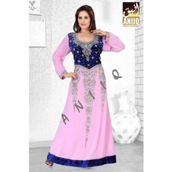 Baby Pink And Royal Blue Velvet   Embroidered   Faux Georgette   Kaftan
