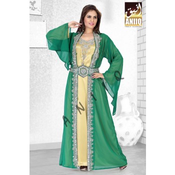 Bottle Green And Golden Satin   Embroidered   Faux Georgette   Moroccan Kaftan