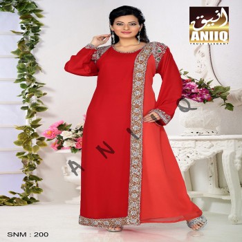 Red And Tomato Red   Embroidered   Faux Georgette   Kaftan
