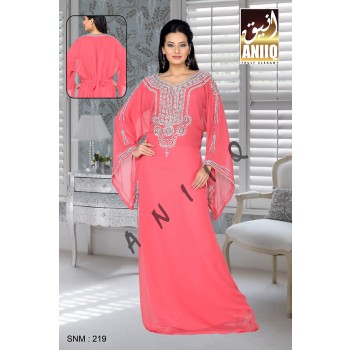 Peach   Embroidered   Faux Georgette   Kaftan