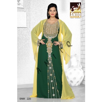 Yellow And Bottle Green   Embroidered   Faux Georgette   Kaftan