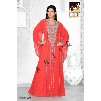 Coral   Embroidered   Faux Georgette   Kaftan