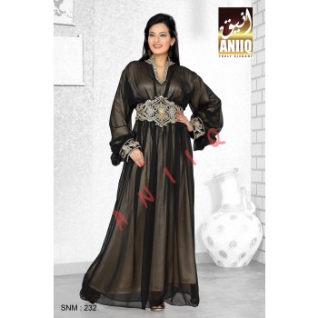 Black And Golden Satin   Embroidered   Faux Georgette   Kaftan