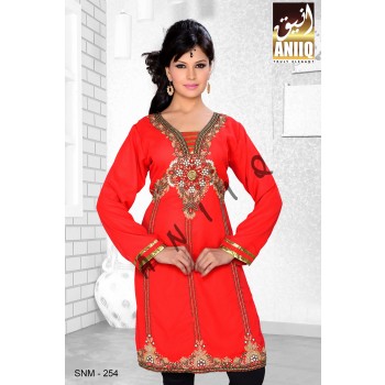 Red   Embroidered   Faux Georgette   Kurti