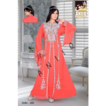Coral   Embroidered   Faux Georgette   Kaftan