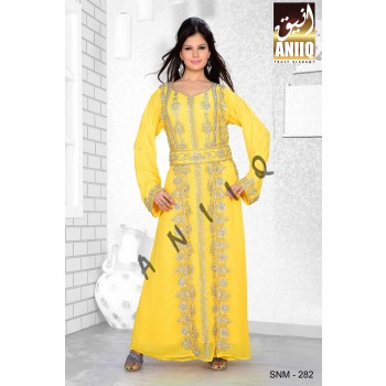 Yellow   Embroidered   Faux Georgette   Kaftan