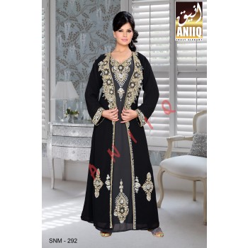Black And Grey   Embroidered   Faux Georgette   Kaftan