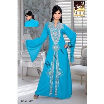 Sky Blue   Embroidered   Faux Georgette   Kaftan