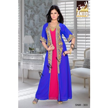 Royal Blue And Fuchsia Pink  Embroidered  Faux Georgette  Kaftan