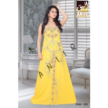 Yellow  Embroidered  Faux Georgette  Fustan