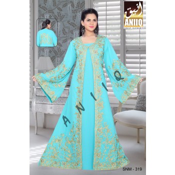 Sky Blue  Embroidered  Faux Georgette  Kaftan