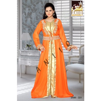 Orange And Golden Satin  Embroidered  Faux Georgette  Kaftan