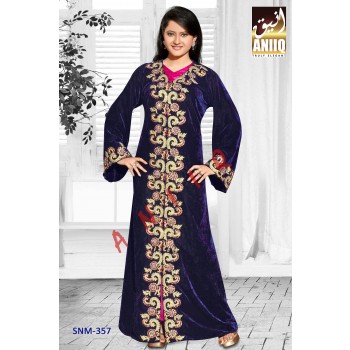 Royal Blue And Pink Satin  Embroidered  Faux Georgette  Kaftan