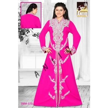 Fuchsia Pink  Embroidered  Faux Georgette  Kaftan