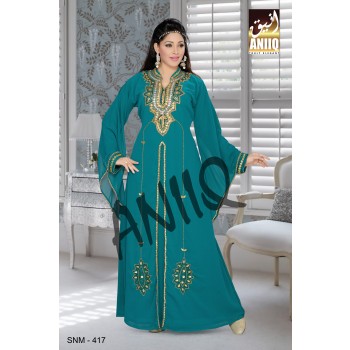 Teal Green   Embroidered   Faux Georgette   Kaftan