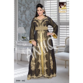 Black And Golden Satin   Embroidered   Faux Georgette   Kaftan