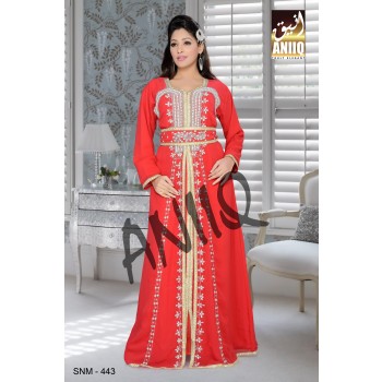 Red   Embroidered   Faux Georgette   Kaftan