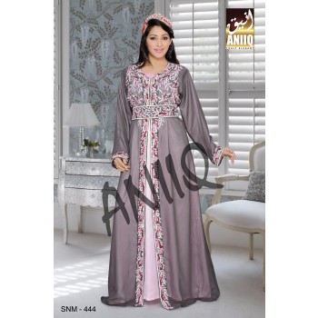 Grey And Baby Pink Satin   Embroidered   Faux Georgette   Kaftan