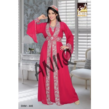 Fuchsia Pink   Embroidered   Faux Georgette   Kaftan