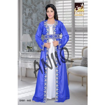 Royal Blue And White Satin   Embroidered   Faux Georgette   Kaftan