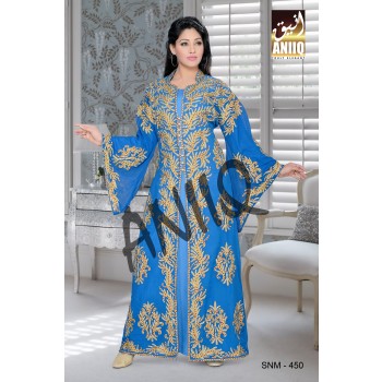 Blue   Embroidered   Faux Georgette   Kaftan