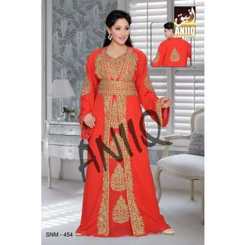 Red   Embroidered   Faux Georgette   Kaftan