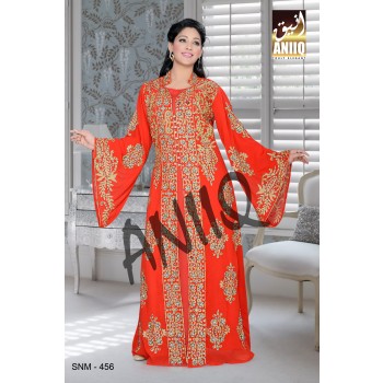 Red   Embroidered   Faux Georgette   Kaftan