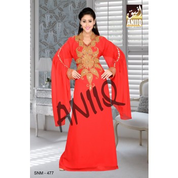 Red   Embroidered   Faux Georgette   Kaftan