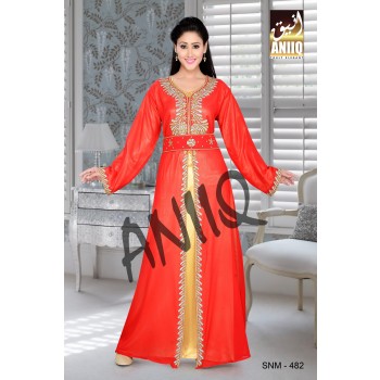 Red And Golden Satin   Embroidered   Faux Georgette   Kaftan