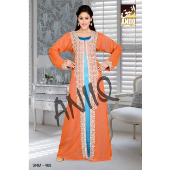 Orange And Turquoise Blue Satin   Embroidered   Faux Georgette   Kaftan